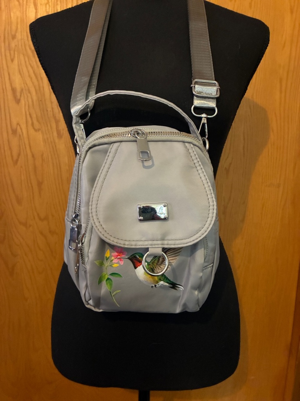Gray Crossbody Backpack with Hummingbird Print